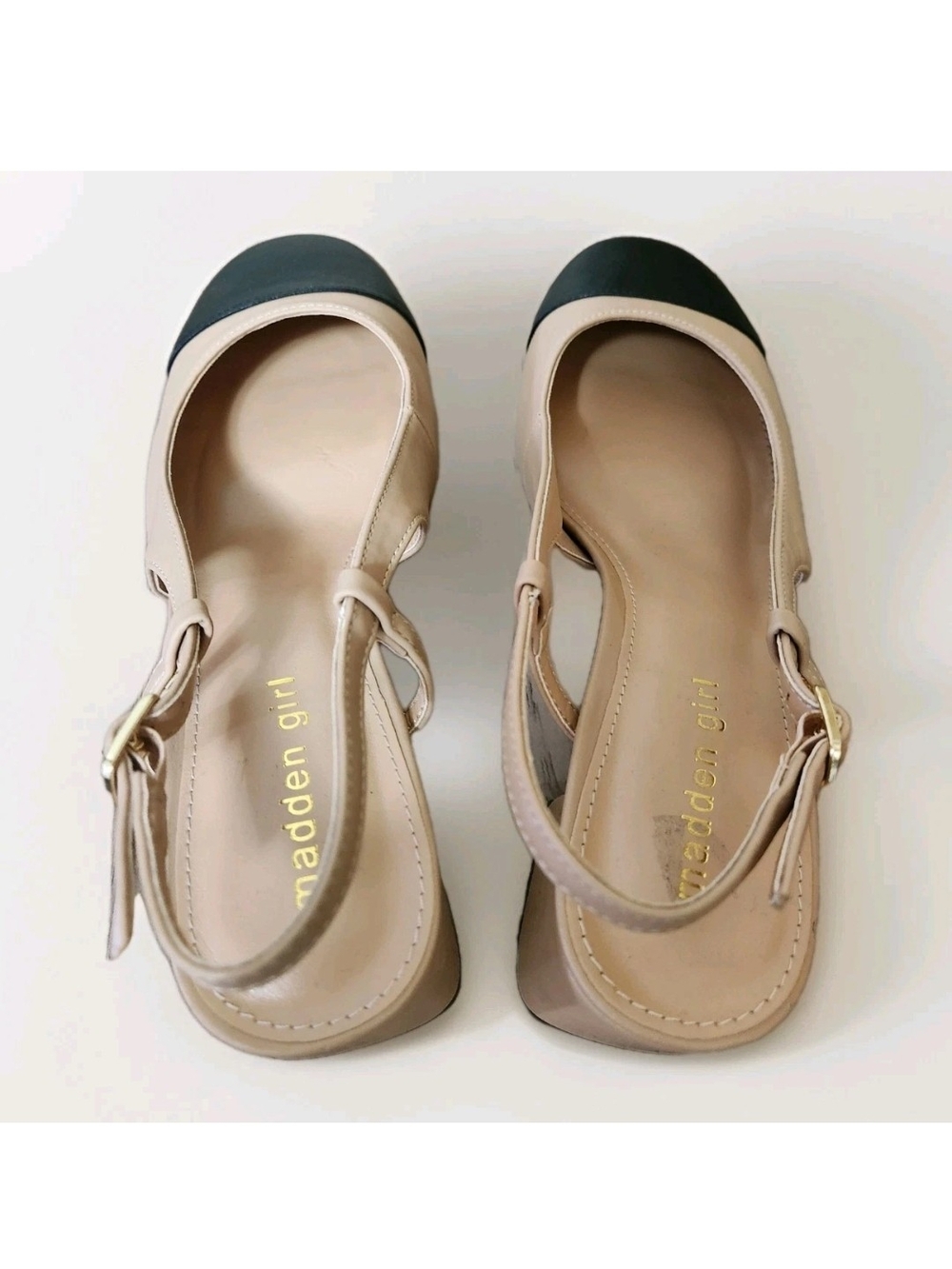 Madden Girl Kiitty Slingback Block Heel Pumps Beige Black Cap Toe Women 9.5 M - Picture 9 of 16